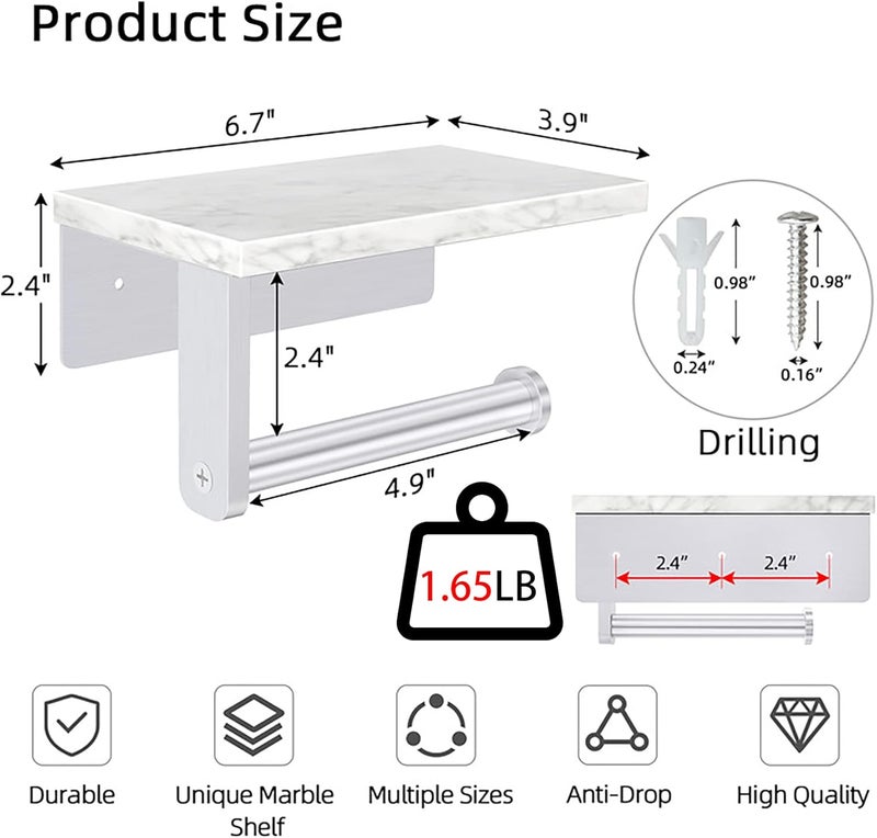 Gypie Brushed Nickel Toilet Paper Holder with Natural Marble Shelf, Screw Wall Mounted, Tissue Roll Holder for Bathroom Washroom - Image 3